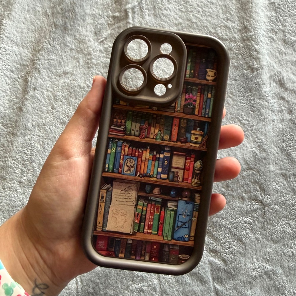 iPhone 14 Pro Brown Bookshelf Library Book Print Protective Phone Case - E340